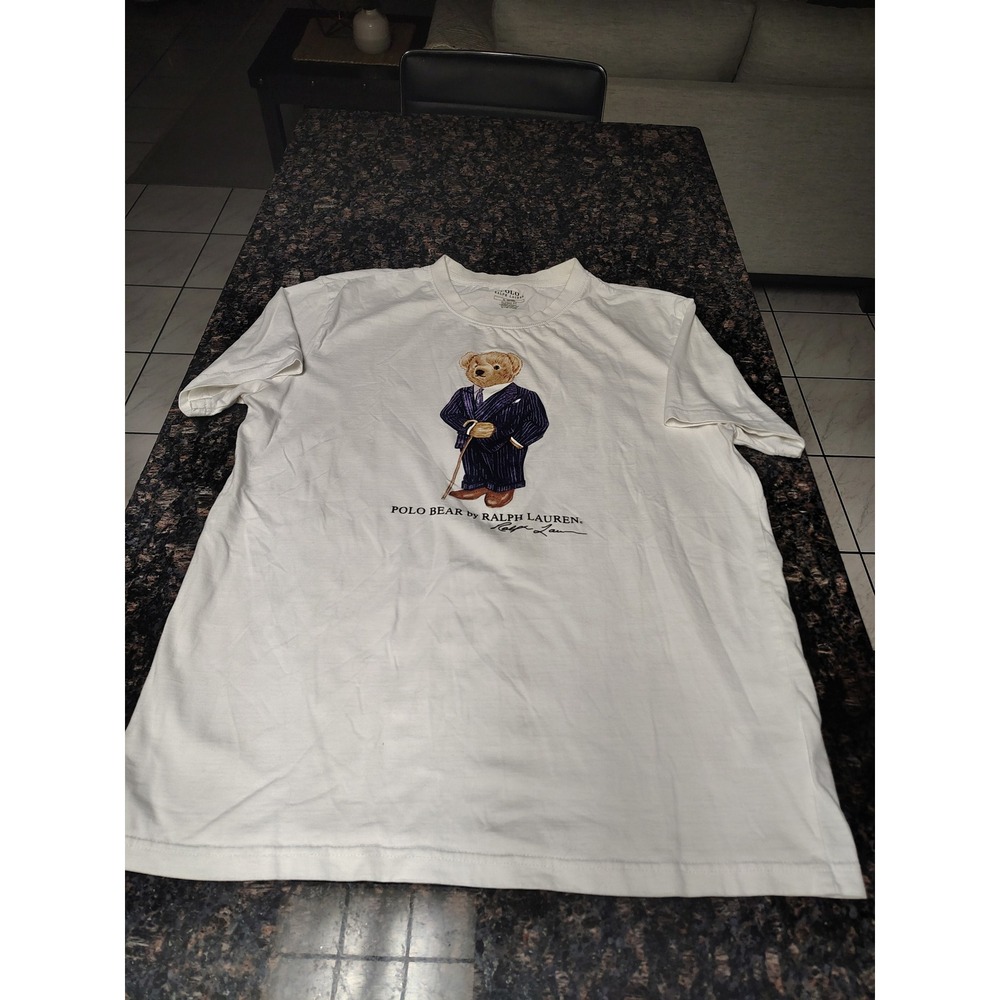 Polo Ralph Lauren Mens XL Polo Bear Pinstripe Suit Graphic T-Shirt White Cotton